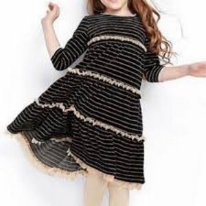 Hanna Andersson Black Gold Stripe Tiered‎ Tulle Trim Dress Girls Size 130 (8–10)